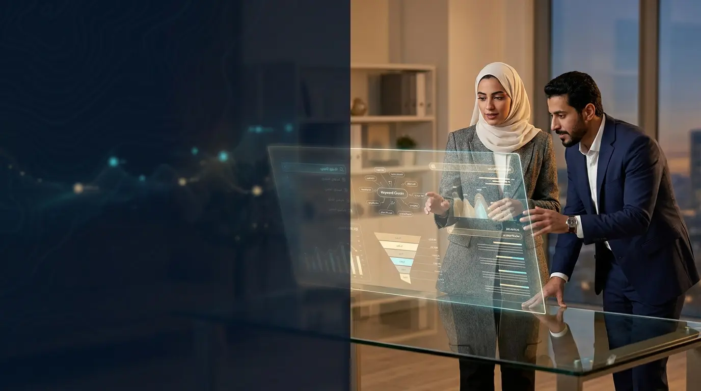 GCC business advisors reviewing a holographic keyword cluster map and intent analysis dashboard in a Dubai office at dusk